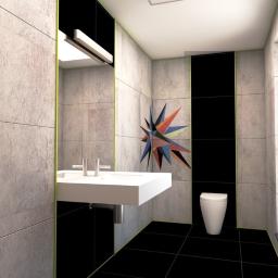 Stamann - Wizualizacja nowoczesnej łazienki z płytkami imitującymi kamień, czarną armaturą, geometryczną dekoracją ścienną i grzejnikiem drabinkowym.