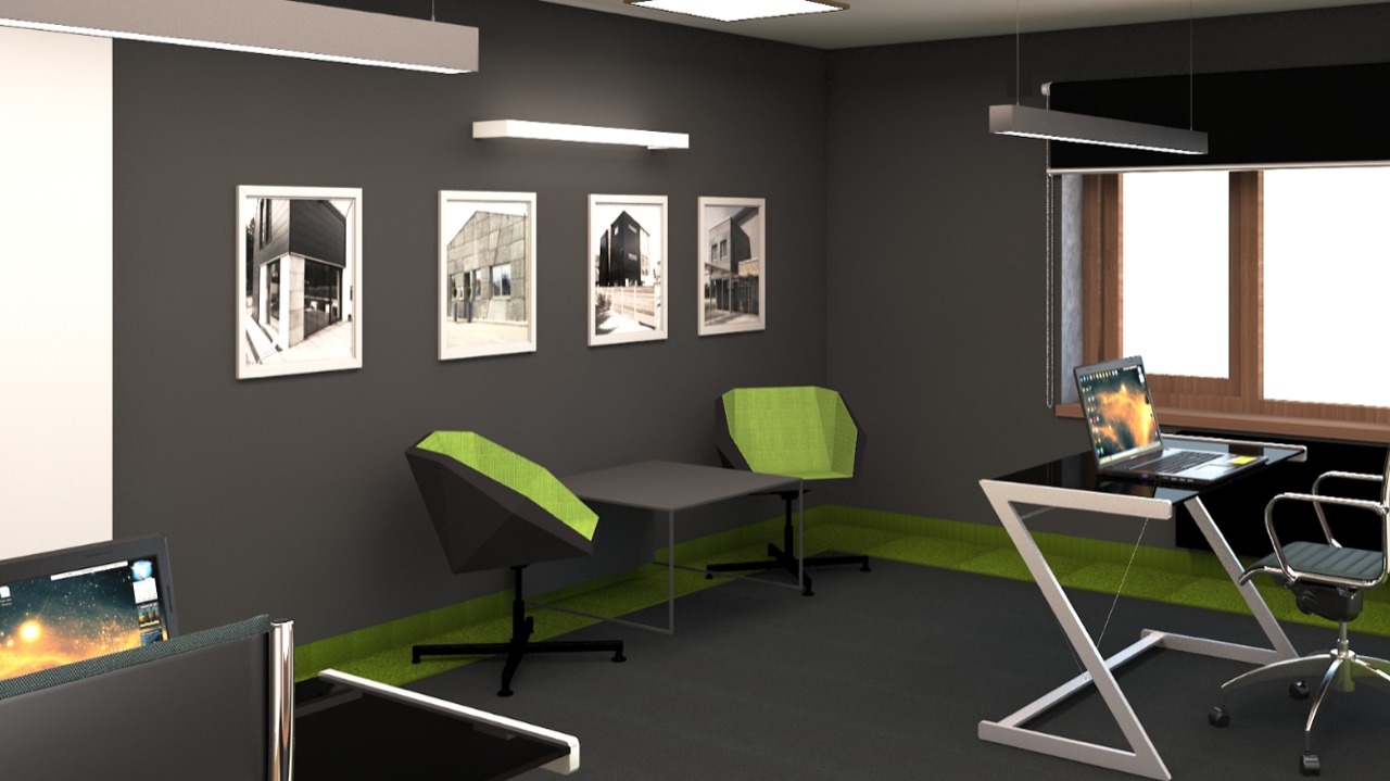 Nowoczesne biuro z szarymi ścianami, minimalistycznymi meblami w odcieniach szarości i limonki oraz czarno-białymi fotografiami budynków w białych ramach.