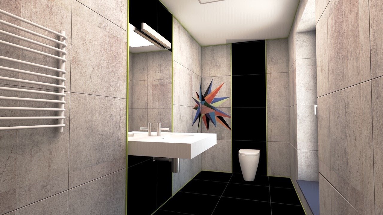Wizualizacja nowoczesnej łazienki z płytkami imitującymi kamień, czarną armaturą, geometryczną dekoracją ścienną i grzejnikiem drabinkowym.