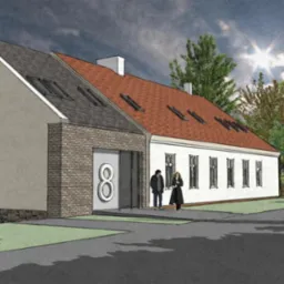 Wizualizacja domu jednorodzinnego z garażem, z elewacją w dwóch odcieniach, z dwiema osobami na podjeździe.