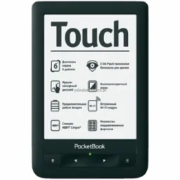 Czytnik e-booków PocketBook z ekranem dotykowym prezentujący specyfikację techniczną, w tym informacje o technologii E Ink Pearl, łączności Wi-Fi i obsługiwanych formatach.