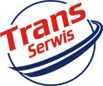 Logo firmy Trans Serwis z czerwonym napisem 'Trans' i 'Serwis' nad granatowymi, stylizowanymi liniami symbolizującymi ruch.