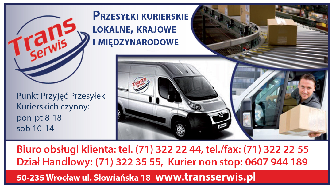 Kompozycja graficzna firmy kurierskiej Trans Serwis z logo, samochodem dostawczym, pracownikiem trzymającym paczkę oraz linią sortującą przesyłki w tle.