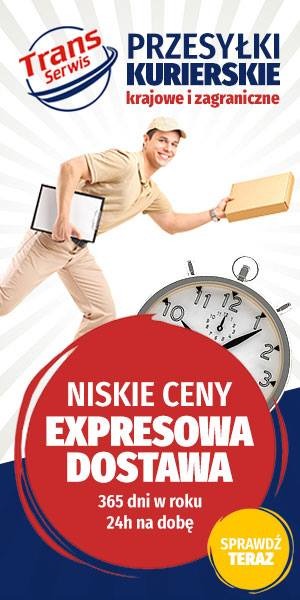 Grafika reklamowa z uśmiechniętym kurierem w beżowym ubraniu, trzymającym paczkę i dokumenty, na tle zegara i czerwonego koła z hasłem 'Niskie ceny, ekspresowa dostawa, 365 dni w roku, 24h na dobę'.