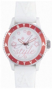 Biały zegarek damski z czerwoną obwódką i napisem 'A-STYLE' na tarczy, ozdobiony motywem kwiatowym i gwiazdkami.