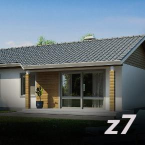 Wizualizacja parterowego domu drewnianego z szarą dachówką, dużymi oknami i elementami z naturalnego drewna na elewacji, z rośliną w doniczce przed wejściem i oznaczeniem 'z7' w rogu.