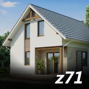 Wizualizacja projektu domu drewnianego z białymi ścianami, szarym dachem, drewnianymi elementami konstrukcyjnymi i numerem projektu 'z71' w dolnej części kadru.