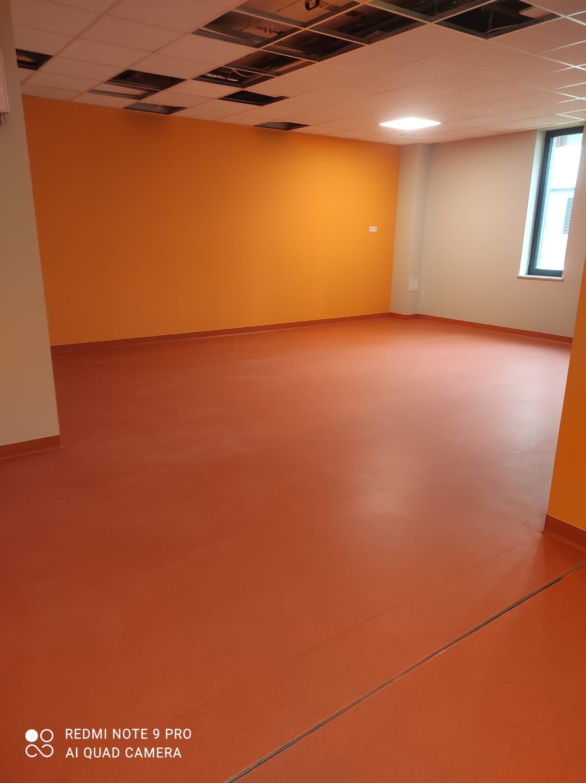 Pomarańczowa, jednolita posadzka w pustym pomieszczeniu biurowym z pomarańczową ścianą i oknem.