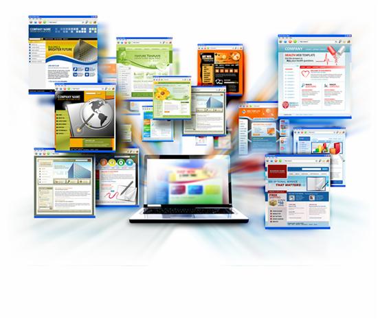 Laptop otoczony przez liczne okna przeglądarek internetowych prezentujących różne projekty stron WWW, z efektem rozmycia ruchu sugerującym dynamiczny charakter pracy.