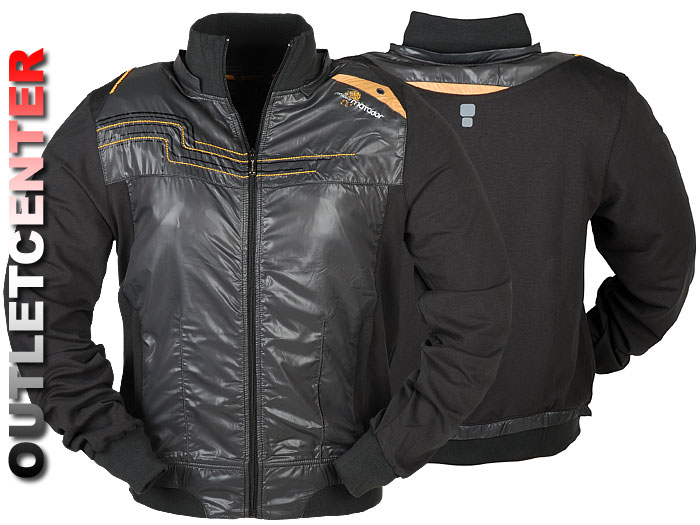 Czarna kurtka z błyszczącym przodem i dzianinowymi rękawami, widok z przodu i z tyłu, detale: żółte przeszycia, stójka, logo na ramieniu.