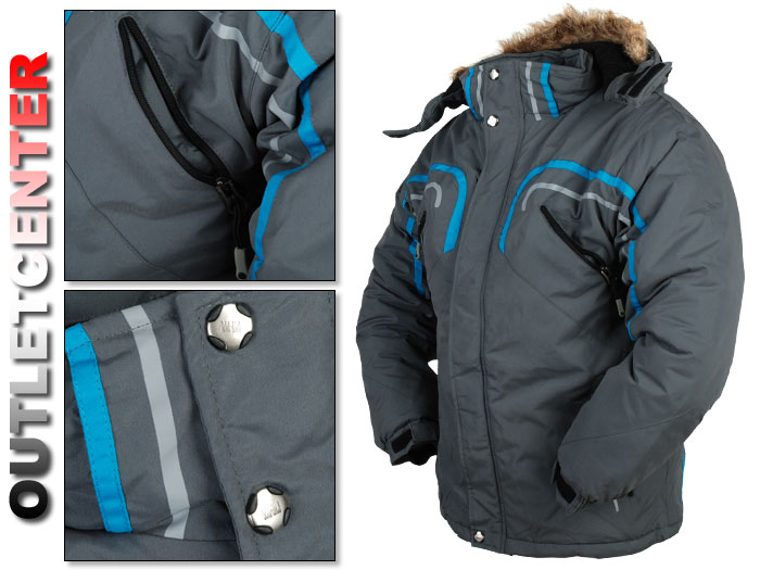 Szara kurtka zimowa z niebieskimi i szarymi paskami, futrzanym kapturem i kieszeniami na zamek, prezentowana na białym tle.