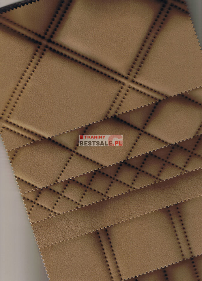 Próbki beżowej eko skóry pikowanej w romby, z widocznym logo producenta tkanin.