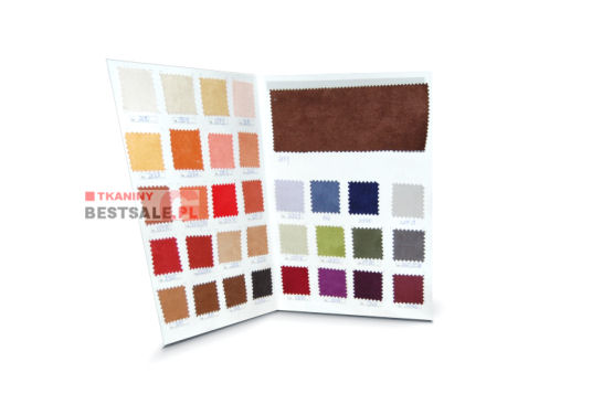 Otwarty próbnik tkanin tapicerskich z wieloma małymi próbkami w różnych kolorach i fakturach, widoczne logo 'Tkaniny BestSale.pl'.