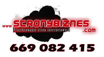 Logo firmy StronyBiznes.com z numerem telefonu na białym tle. Tekst 'Projektowanie stron internetowych' umieszczony pod nazwą firmy.