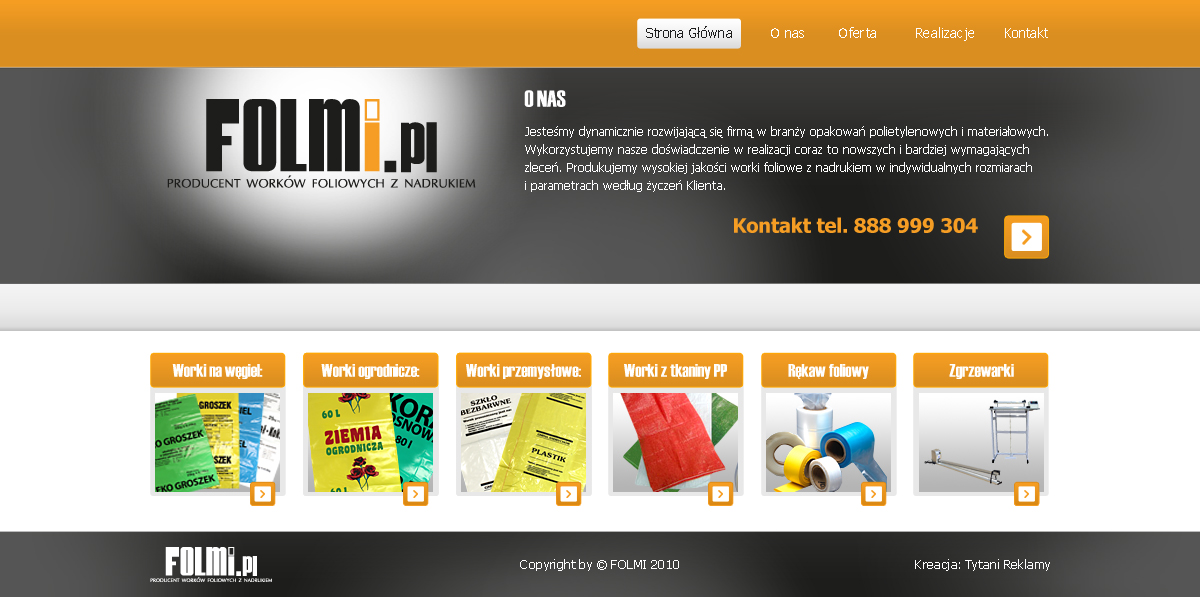 Strona internetowa producenta worków foliowych Folmi.pl z zakładkami: Strona Główna, O nas, Oferta, Realizacje, Kontakt. Poniżej sekcja z miniaturami worków na węgiel, do ogrodnictwa, przemysłowych...