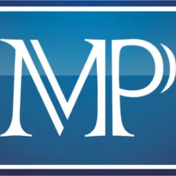 Eleganckie logo firmy z inicjałami 'MP' w białym kolorze na gradientowym niebieskim tle w ramce.