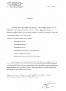 Skan referencji dla firmy elektroinstalacyjnej z pieczątką i podpisem, dokument z tekstem i listą wykonywanych usług elektrycznych.