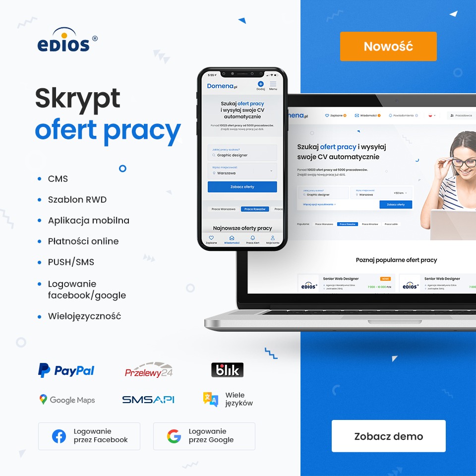 Prezentacja skryptu ofert pracy z aplikacją mobilną PWA na laptopie i smartfonie, z widocznymi funkcjami CMS, RWD, płatności online, logowania przez Facebook/Google oraz integracjami z PayPal...