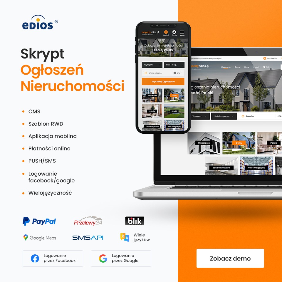 Prezentacja skryptu ogłoszeń nieruchomości na laptopie i smartfonie, widoczne logo propertyedios.pl, filtry wyszukiwania i przykładowe zdjęcia nieruchomości, ikony płatności PayPal, Przelewy24...