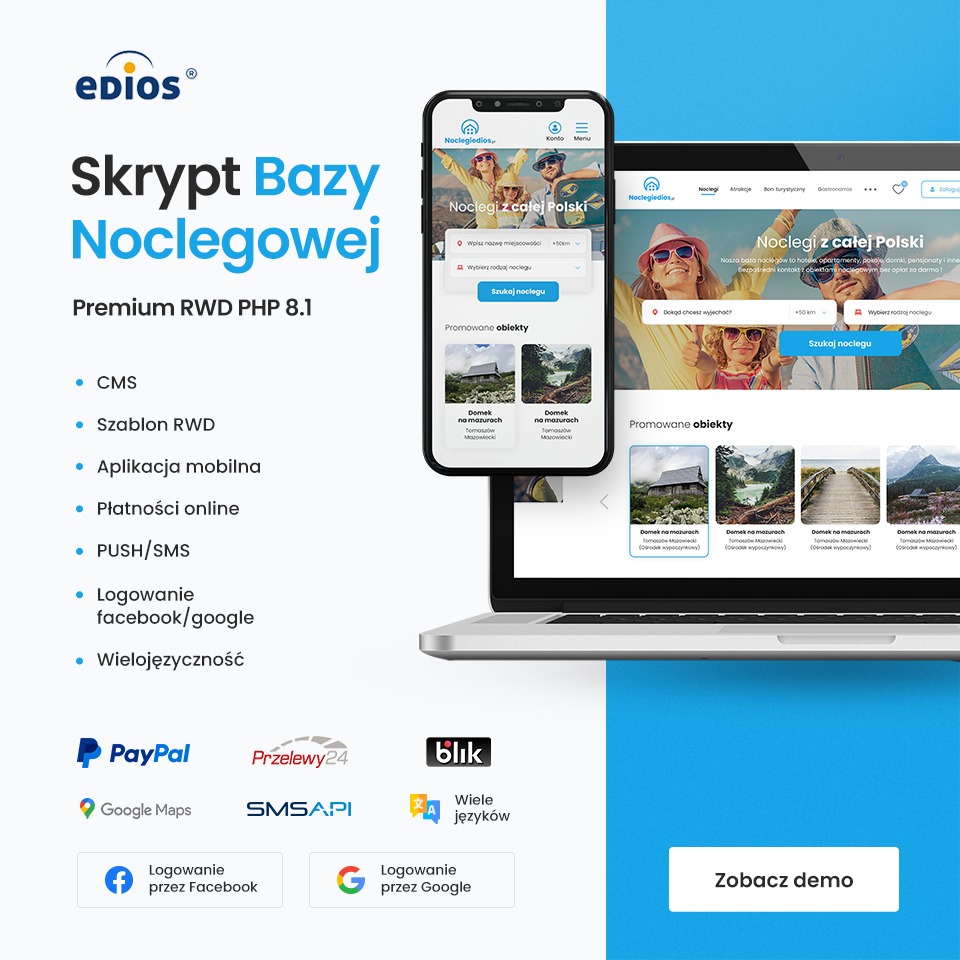 Skrypt Bazy Noclegowej z aplikacja mobilną PWA. Gotowy portal na wzór nocowanie/booking.