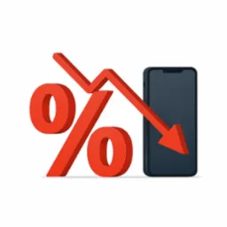 Czerwony symbol procentu z opadającą strzałką w kierunku smartfona, ilustrujący spadek oprocentowania pożyczek lub kredytów.