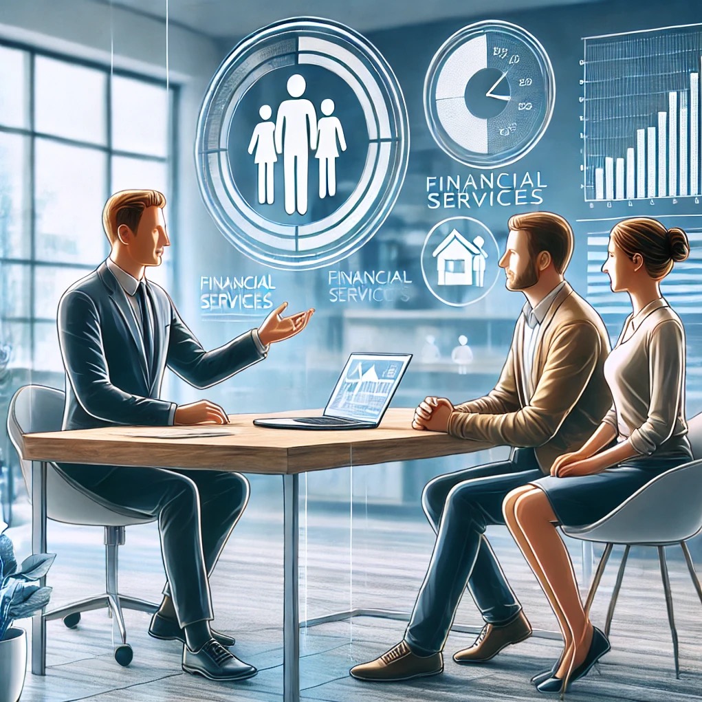 Konsultant finansowy prezentuje ofertę parze przy biurku z laptopem, na tle graficzne wizualizacje danych i ikony związane z finansami.