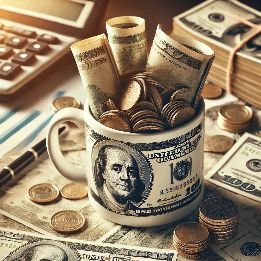 Kawałek wykresu, kalkulator, długopis i kubek z wizerunkiem Benjamina Franklina wypełniony zwiniętymi banknotami i złotymi monetami, otoczony luźnymi banknotami i stosami monet.