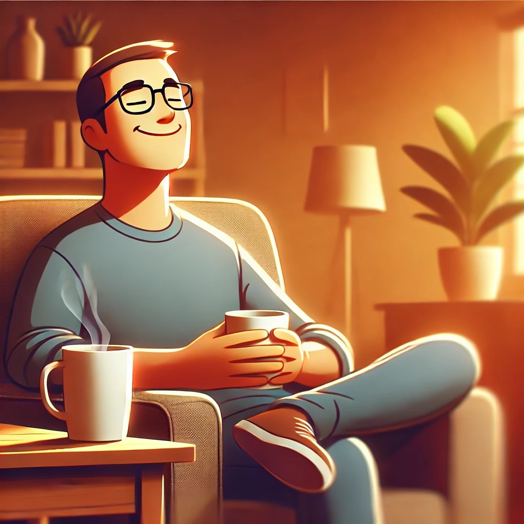 Zrelaksowany mężczyzna w okularach siedzi w fotelu, trzymając kubek, w tle regał z książkami i roślina doniczkowa, ciepłe oświetlenie