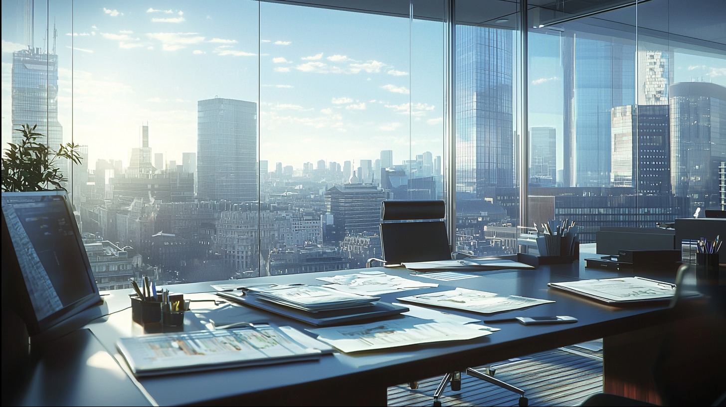 Biuro z widokiem na miasto. Na stole dokumenty, długopisy, monitor. Duże okna ukazują panoramę miejską z drapaczami chmur w porannym słońcu. Nowoczesne wnętrze.