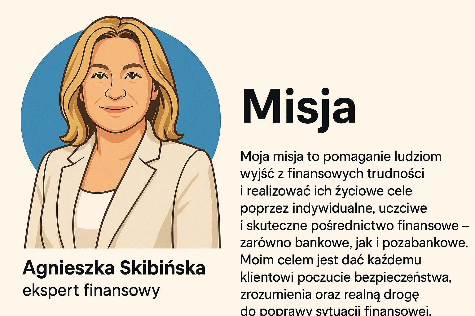 Ilustracja eksperta finansowego, Agnieszki Skibińskiej, z tekstem o misji firmy: pomoc w finansowych trudnościach. Grafika w jasnych, pastelowych barwach.