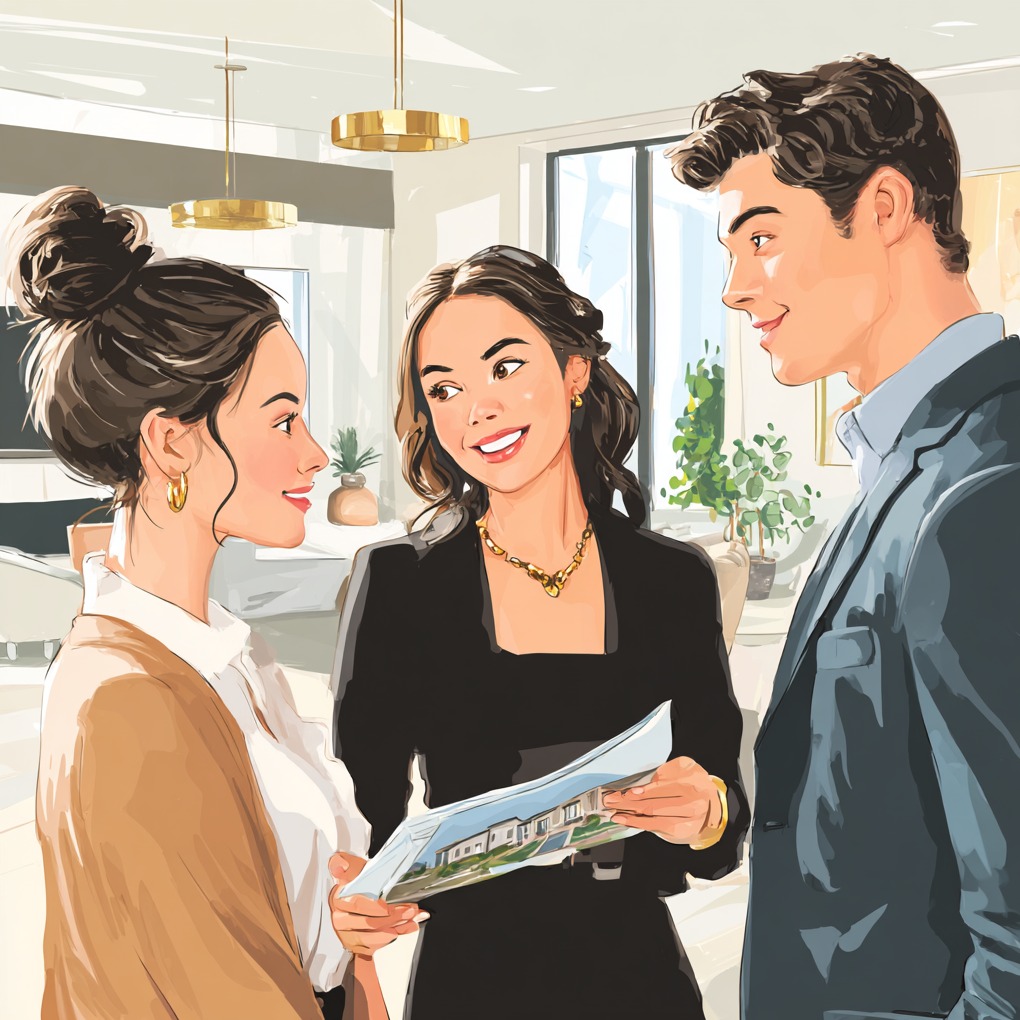 Kobieta w czarnej marynarce prezentuje prospekt domu parze w eleganckim wnętrzu. Rozmowa o nieruchomości, jasne oświetlenie, nowoczesny design.