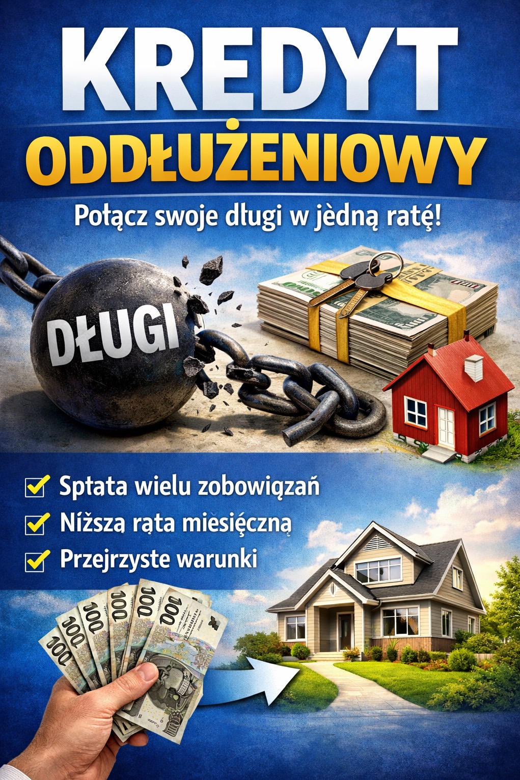 Kredyt oddłużeniowy: połącz długi w jedną ratę. Wizualizacja z kulą długów, pieniędzmi, domem i ręką trzymającą banknoty. Spłata zobowiązań, niższa rata, przejrzyste warunki.