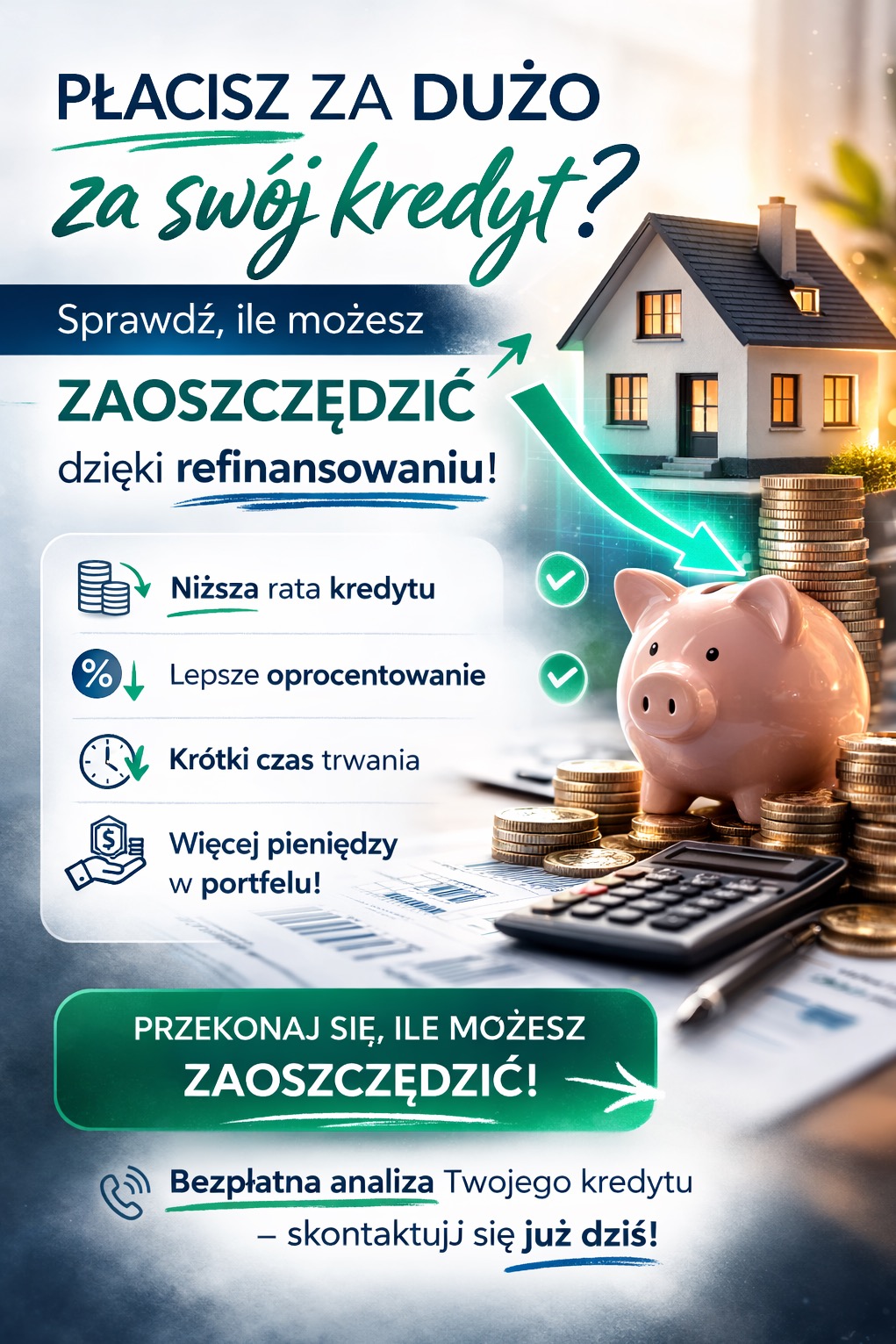 Grafika reklamowa: Refinansowanie kredytu z korzyściami - niższa rata, lepsze oprocentowanie, krótki czas trwania, więcej pieniędzy. Darmowa analiza kredytu.