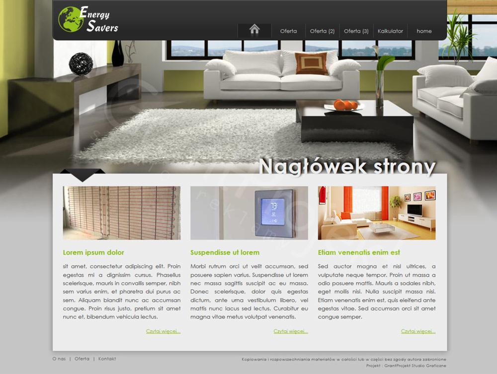 Układ strony internetowej z nagłówkiem, menu i treścią, prezentujący wizualizację salonu z białymi sofami, dywanem i nowoczesnymi meblami.