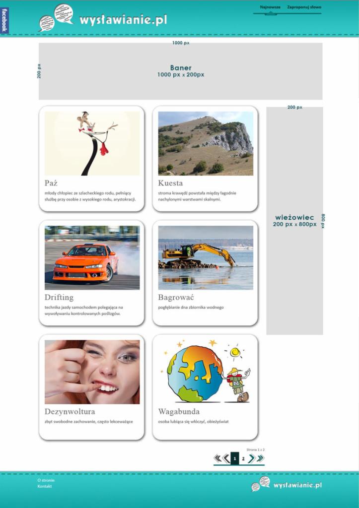 Układ graficzny strony internetowej z przykładami różnych elementów wizualnych, w tym ilustracje i zdjęcia przedstawiające paź, kuestę, drifting, bagrowanie, dezynwolturę i wagabundę.