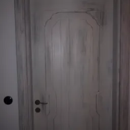 Drzwi drewniane w stylu vintage, pomalowane na biało z efektem postarzenia, z ozdobnym frezowaniem i mosiężną klamką.