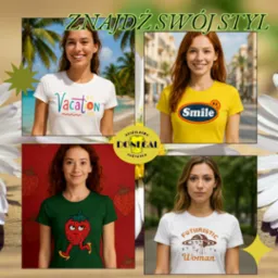 Mozaika czterech zdjęć prezentujących kobiety w t-shirtach z różnymi nadrukami: wakacje, uśmiech, truskawka i futurystyczna kobieta, na tle plaży, ulicy i wzorzystej ściany.