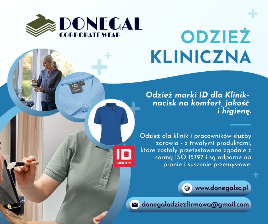 Reklama odzieży klinicznej marki ID z naciskiem na komfort, jakość i higienę, prezentująca polo w kolorze niebieskim, kobietę w szarym kardiganie oraz kobietę w zielonej koszuli w trakcie makijażu.