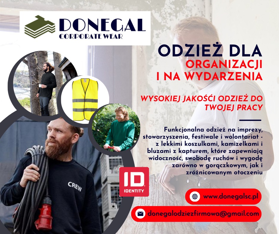 Grafika reklamowa firmy Donegal Corporate Wear prezentująca odzież dla organizacji i na wydarzenia, w tym kamizelkę odblaskową, bluzę z napisem CREW oraz mężczyznę z kablem elektrycznym i wtyczką.