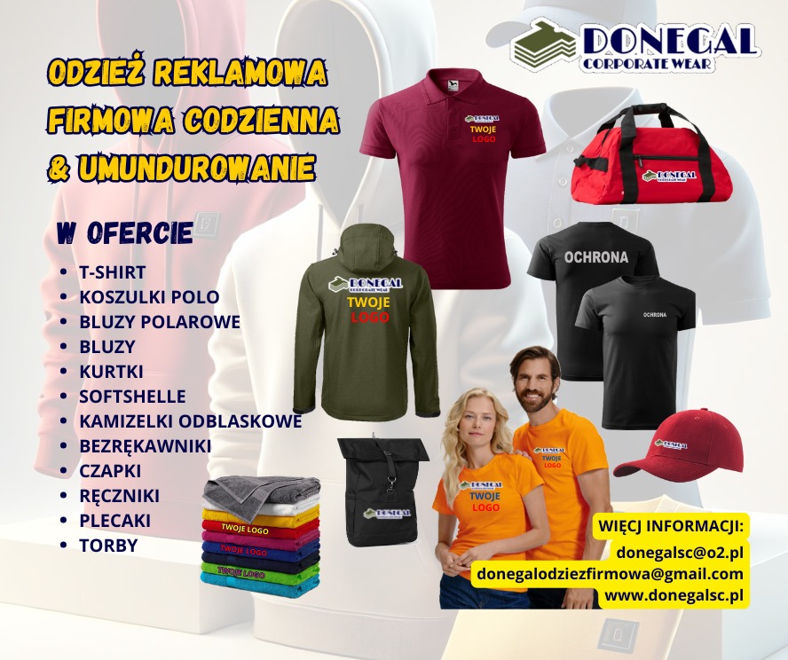 Odzież reklamowa Donegal: T-shirty, polo, bluzy, kurtki, softshelle, kamizelki, czapki, ręczniki, plecaki, torby z logo firmy. Para w pomarańczowych koszulkach z nadrukiem.
