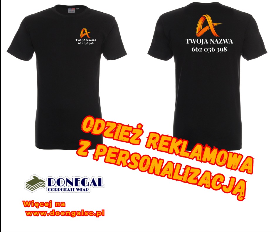Czarne koszulki z logo i numerem telefonu, przód i tył, odzież reklamowa z personalizacją Donegal Corporate Wear, widoczne logo firmy na dole.