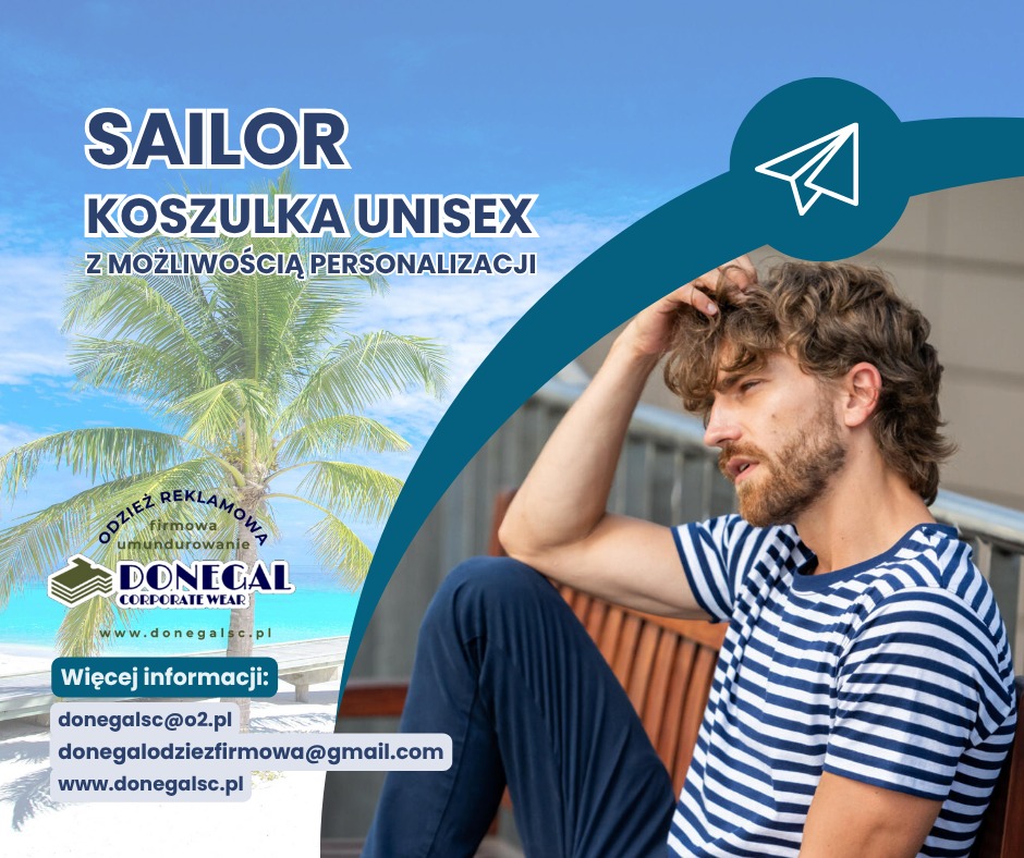 Mężczyzna w marynarskiej koszulce na tle palmy i nieba. Reklama koszulki unisex z możliwością personalizacji marki Donegal Corporate Wear.