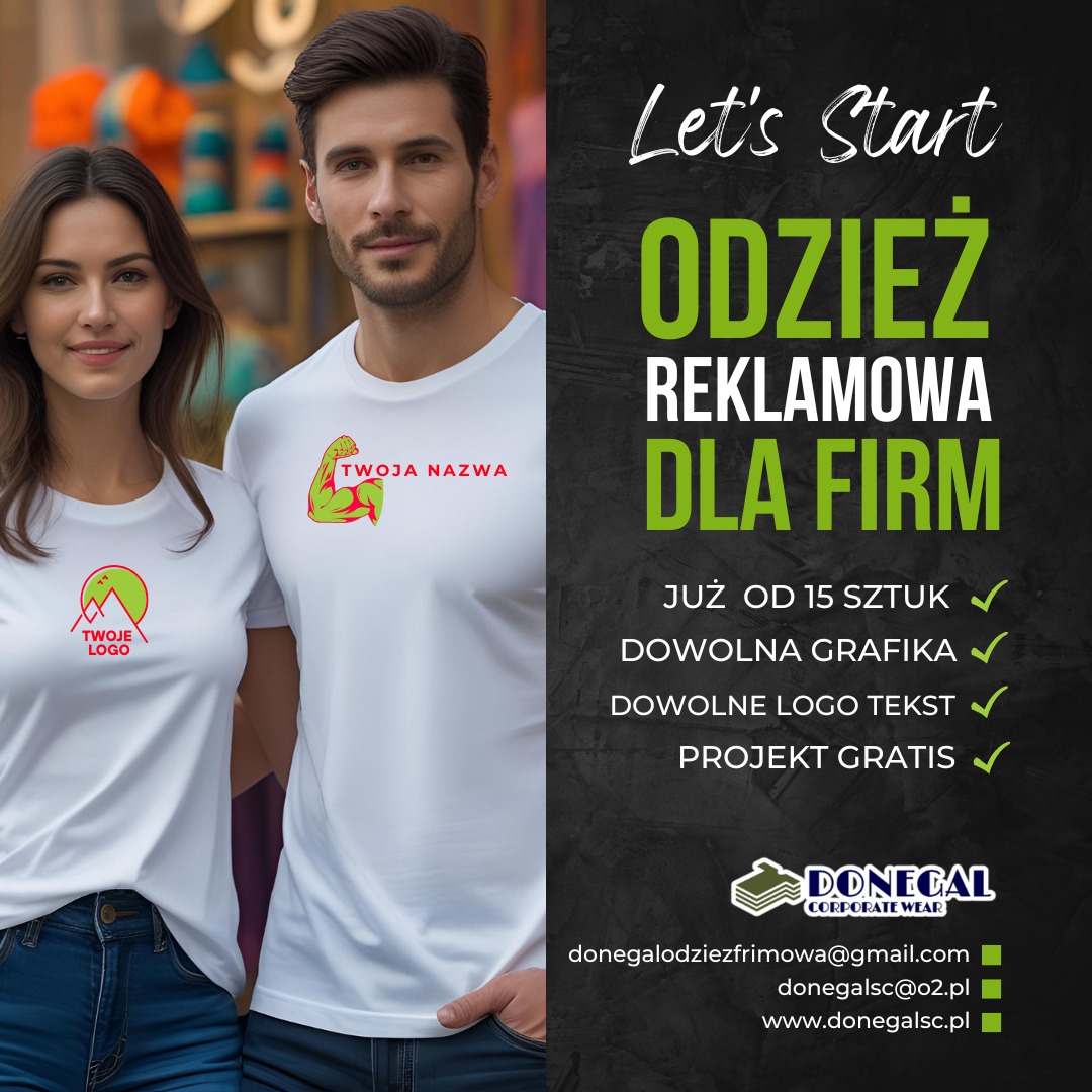 Para prezentuje białe koszulki z nadrukami logo i nazwy firmy. Po prawej stronie zielony napis: Odzież reklamowa dla firm. Dół: dane kontaktowe Donegal Corporate Wear.