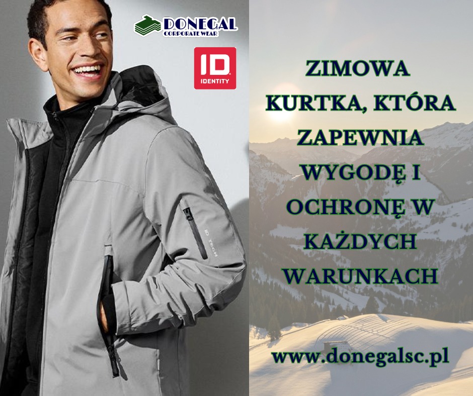 Mężczyzna w szarej kurtce zimowej z kapturem na tle górskiego krajobrazu. Widoczne logo Donegal Corporate Wear i ID Identity. Reklama kurtki zimowej.