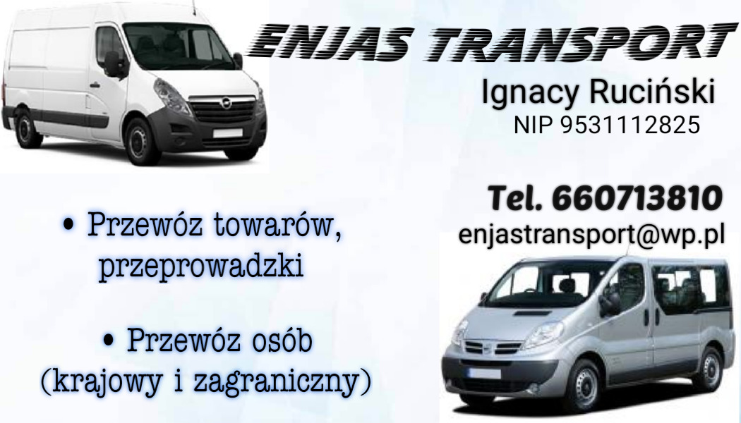 Ogłoszenie firmy przewozowej Enjas Transport z dwoma zdjęciami busów: białym furgonem i srebrnym busem do przewozu osób, wraz z numerem telefonu i adresem e-mail.