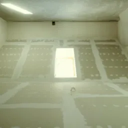 Poddasze w trakcie wykańczania płytami gipsowo-kartonowymi, widoczne łączenia płyt wzmocnione taśmą i pokryte szpachlą, przygotowane do dalszych prac wykończeniowych, okno dachowe w tle.