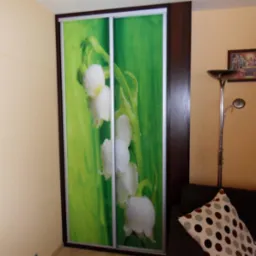 Szafa przesuwna z grafiką lilii w salonie w Radomsku, widoczna lampa podłogowa i obraz na ścianie.