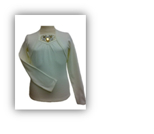 Kremowa bluzka z długim rękawem i dopasowane bolerko z ozdobnym, geometrycznym aplikacją z koralików i kamieni w odcieniach złota i bieli na dekolcie, prezentowane na manekinie.