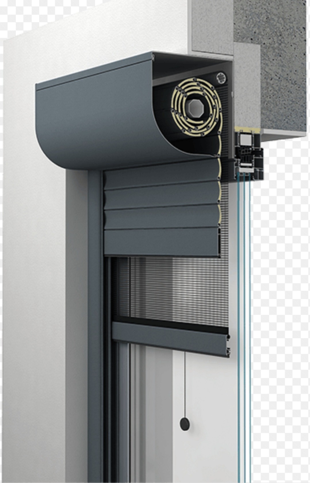 Przekrój okna z roletą zewnętrzną, widoczne warstwy izolacji, mechanizm rolety i siatka przeciw owadom.