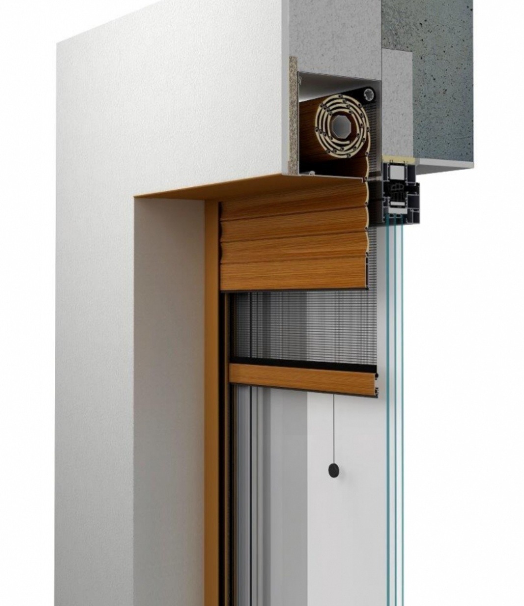 Przekrój okna z roletą zewnętrzną w kolorze drewna, widoczne detale konstrukcyjne i mechanizm zwijania, na tle białej ściany i surowego betonu.